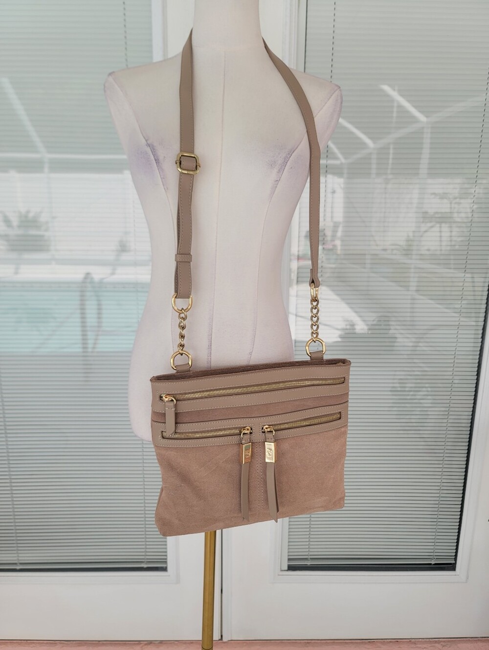 Dusty Taupe Suede Zipper Hipster Crossbody Bag by Spartina 449